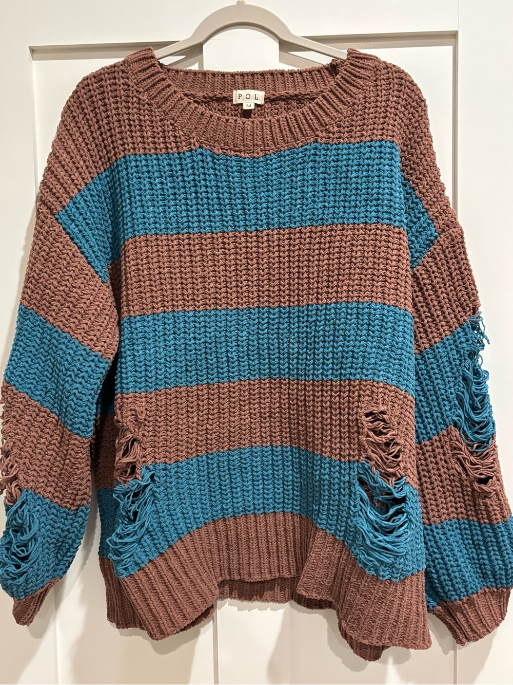 POL Chunky Striped Distressed Sweater — Brown & Teal